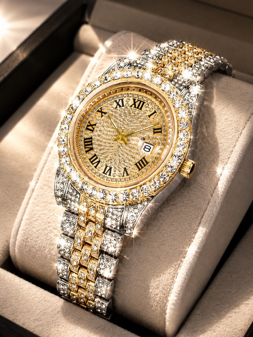 Mens Gold Silver Iced Out Bustdown Watch Two Tone Simulated Diamond Roman Date
